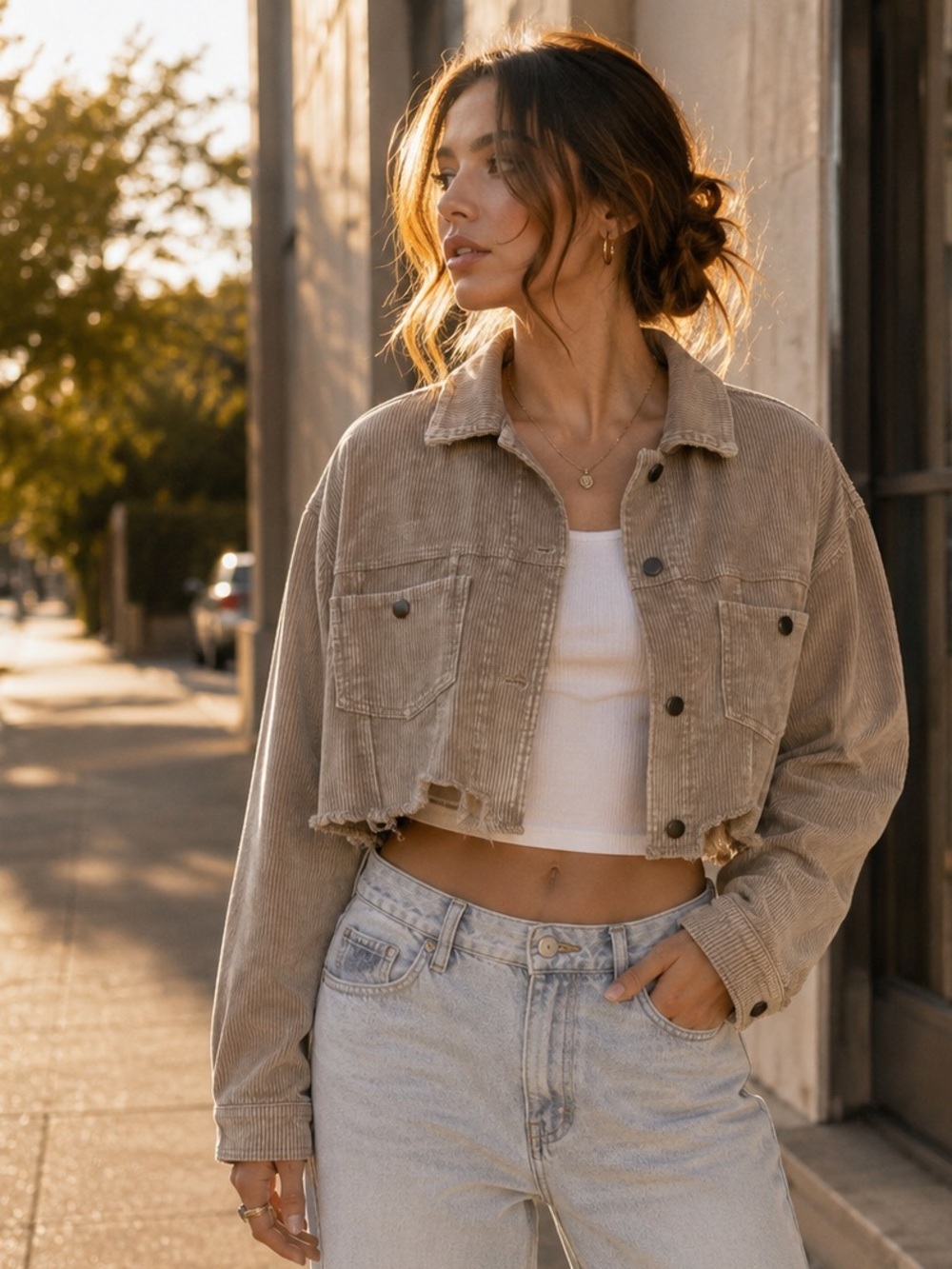 POL Corduroy Cropped Jacket Taupe Star Patch Raw Hem Large